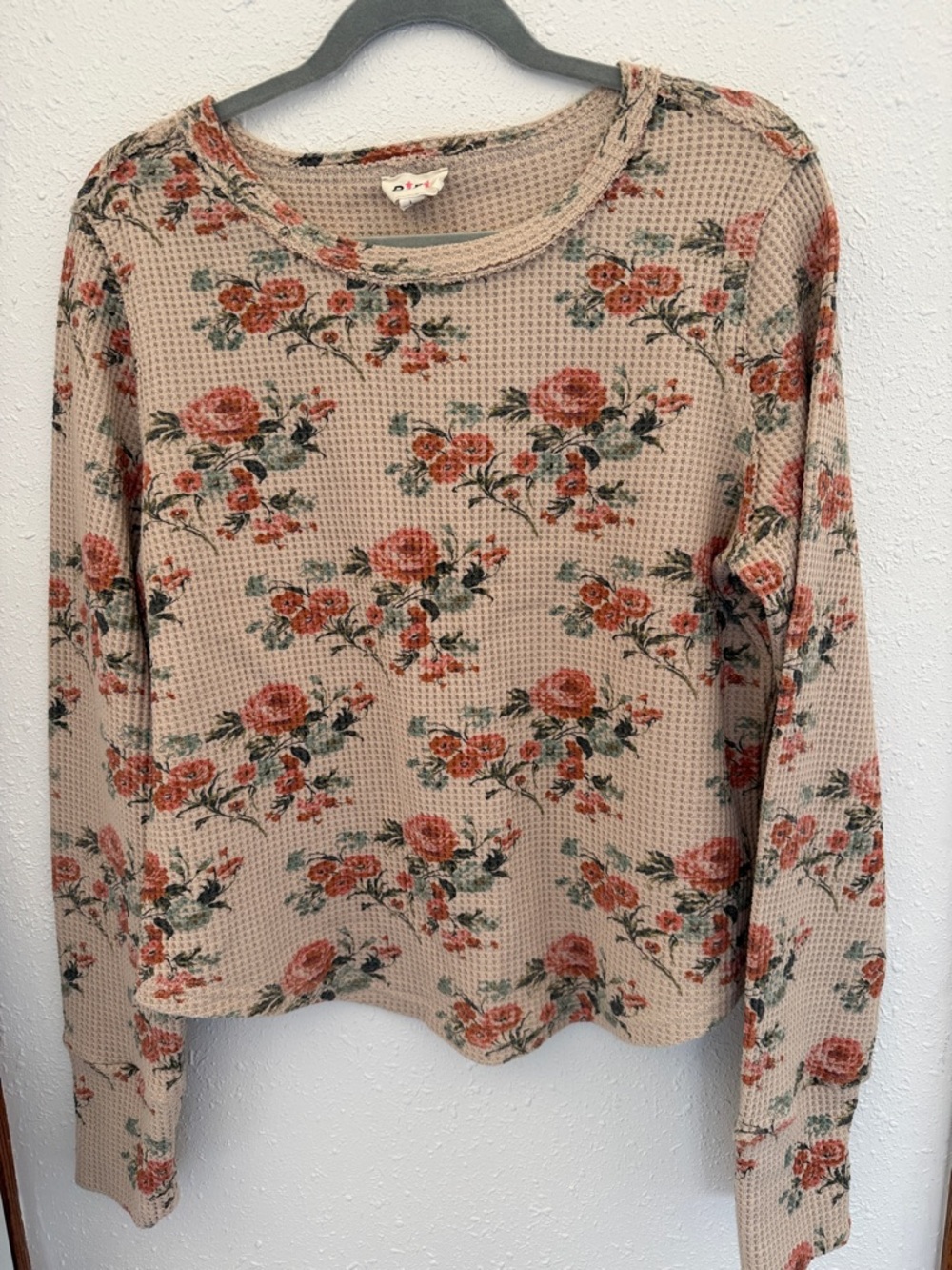 BiBi Cream Waffle-Knit Long Sleeve Top with Rose Print